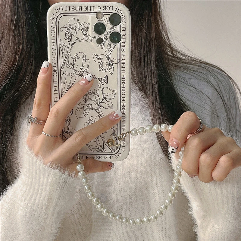 Ins Sketch Flower Pearl Chain Phone Case