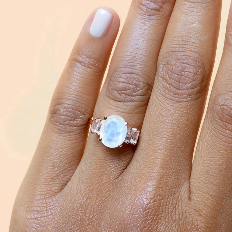 S925 Sterling Silver Oval Moonstone Ring Jewelry