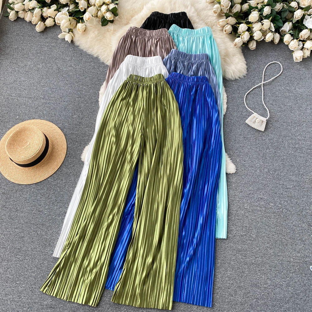 Women's Elastic Waist Summer Pleated Straight Wide Leg Mopping Trousers