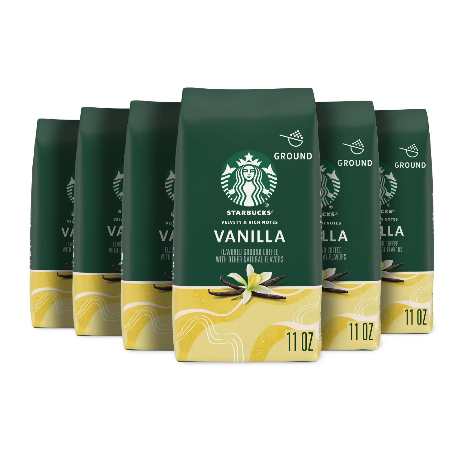 Starbucks Ground Coffee, Vanilla Flavored Coffee, Naturally Flavored, 100% Arabica, 6 bags (11 oz each)