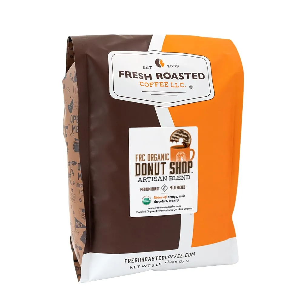 Fresh Roasted Coffee, Organic Donut Shop, 5 lb (80 oz), Medium Roast, Kosher, Ground