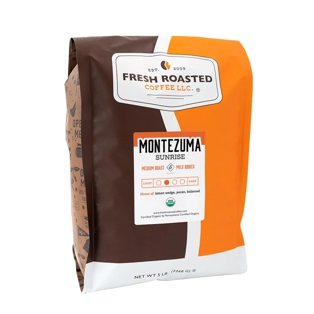 Fresh Roasted Coffee, Organic Montezuma Sunrise, 5 lb (80 oz), Medium Roast, Kosher, Ground