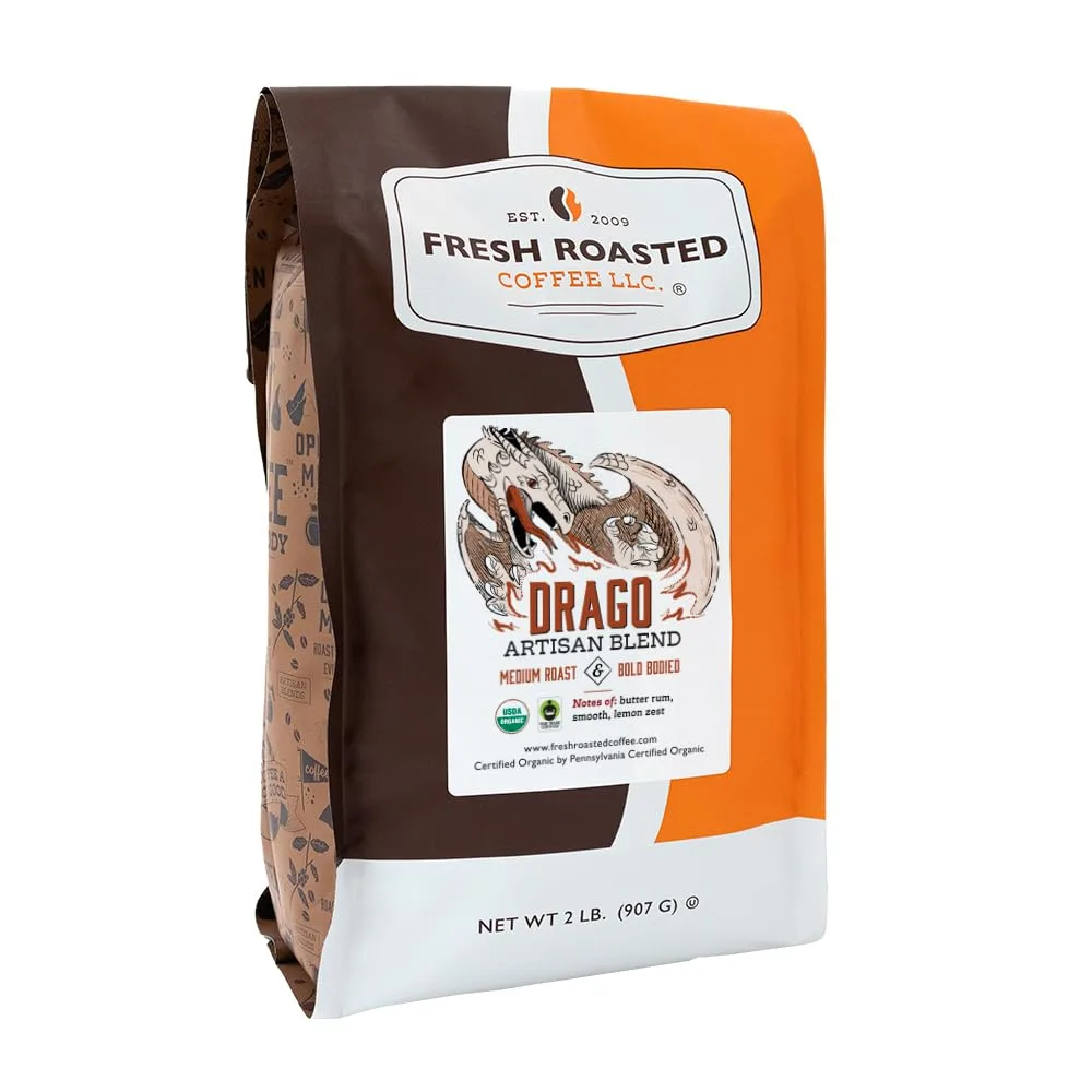 Fresh Roasted Coffee, Organic Drago, 2 lb (32 oz), Medium Roast, Fair Trade Kosher, Ground