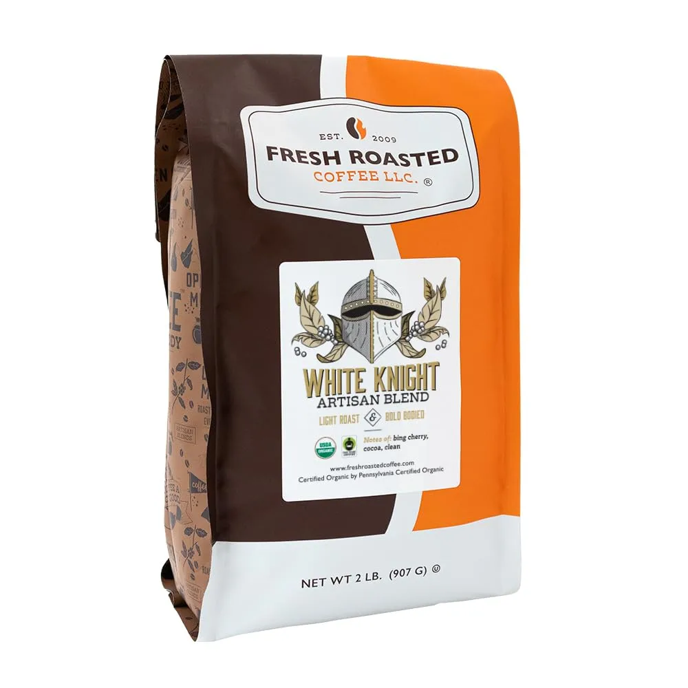 Fresh Roasted Coffee, Organic White Knight, 2 lb (32 oz), Light Roast, Fair Trade Kosher, Ground