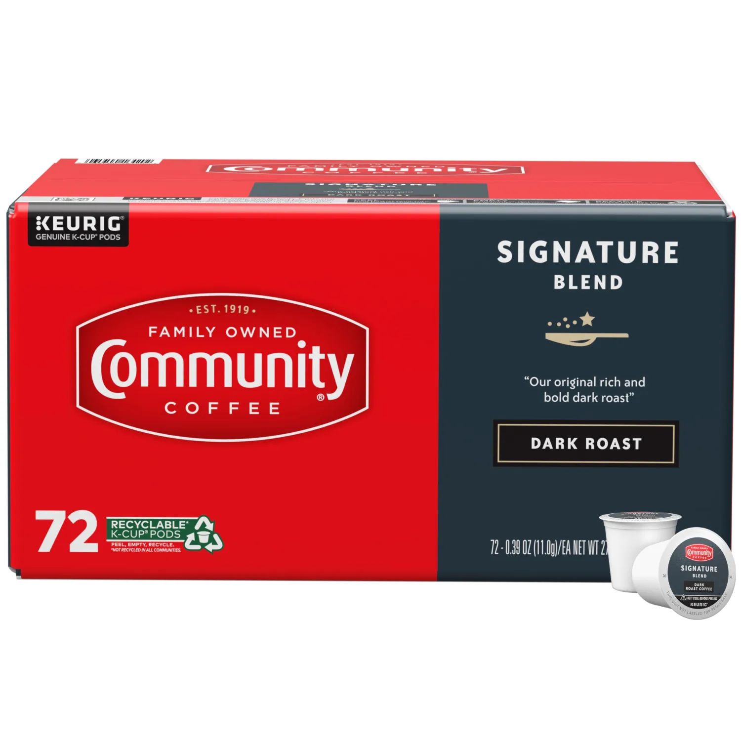 Community Coffee Signature Blend 72 Count Coffee Pods, Dark Roast, Compatible with Keurig 2.0 K-Cup Brewers, Box of 72 Pods