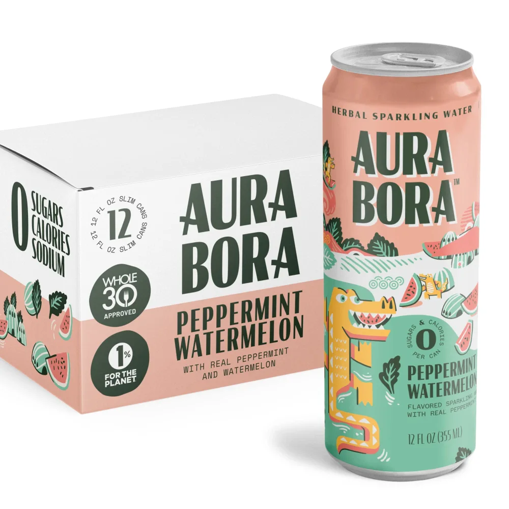 Peppermint Watermelon Herbal Sparkling Water by Aura Bora, 0 Calories, 0 Sugar, 0 Sodium, Non-GMO, 12 oz Can (Pack of 12)