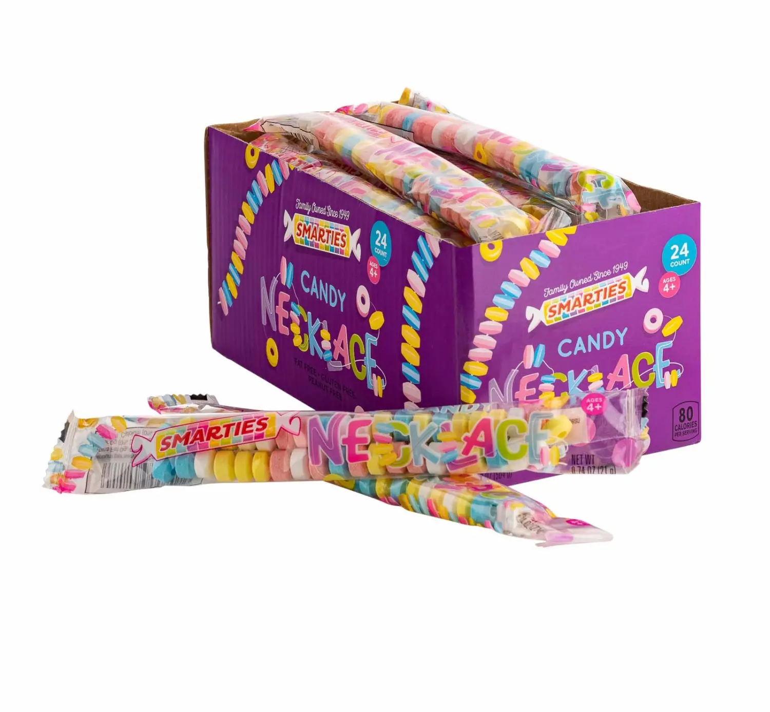 Smarties Candy Necklace Individually Wrapped Gluten Free & Vegan Fruit Flavored Bulk Candy on Stretch String Perfect Party Favors Birthdays & Halloween Celebrations Hard Candy Box - 24 Count