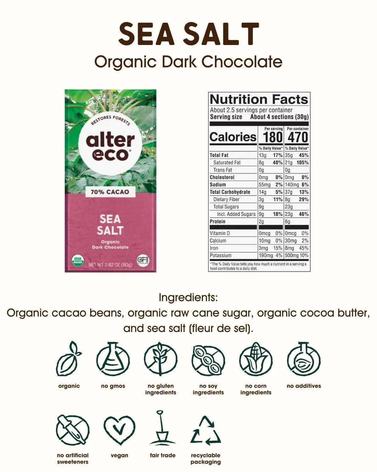 Alter Eco | Dark Chocolate Bars | Pure Dark Cocoa, Fair Trade, Organic, Non-GMO, Gluten Free (Dark Sea Salt)