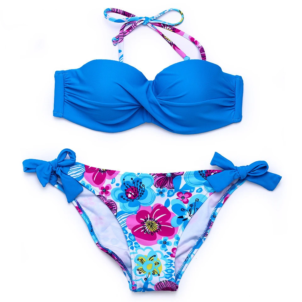 Elegant Solid Color Temperament Patchwork Push Up Cross Bikini