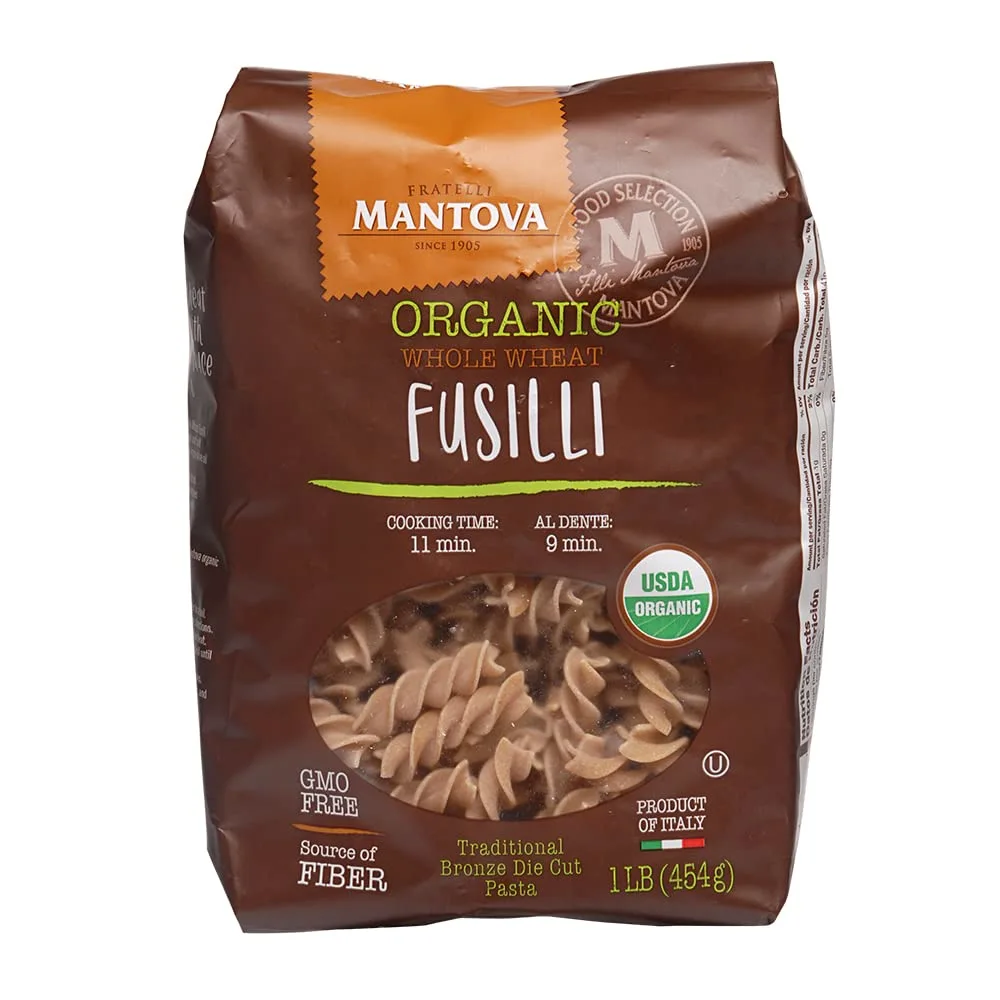 Mantova Italian Organic Whole Wheat Fusilli Pasta - 100% Durum Semolina Organic Whole Wheat Fusilli - 16 Oz - Product Of Italy, Package May Vary, 1 Pound (Pack of 6)