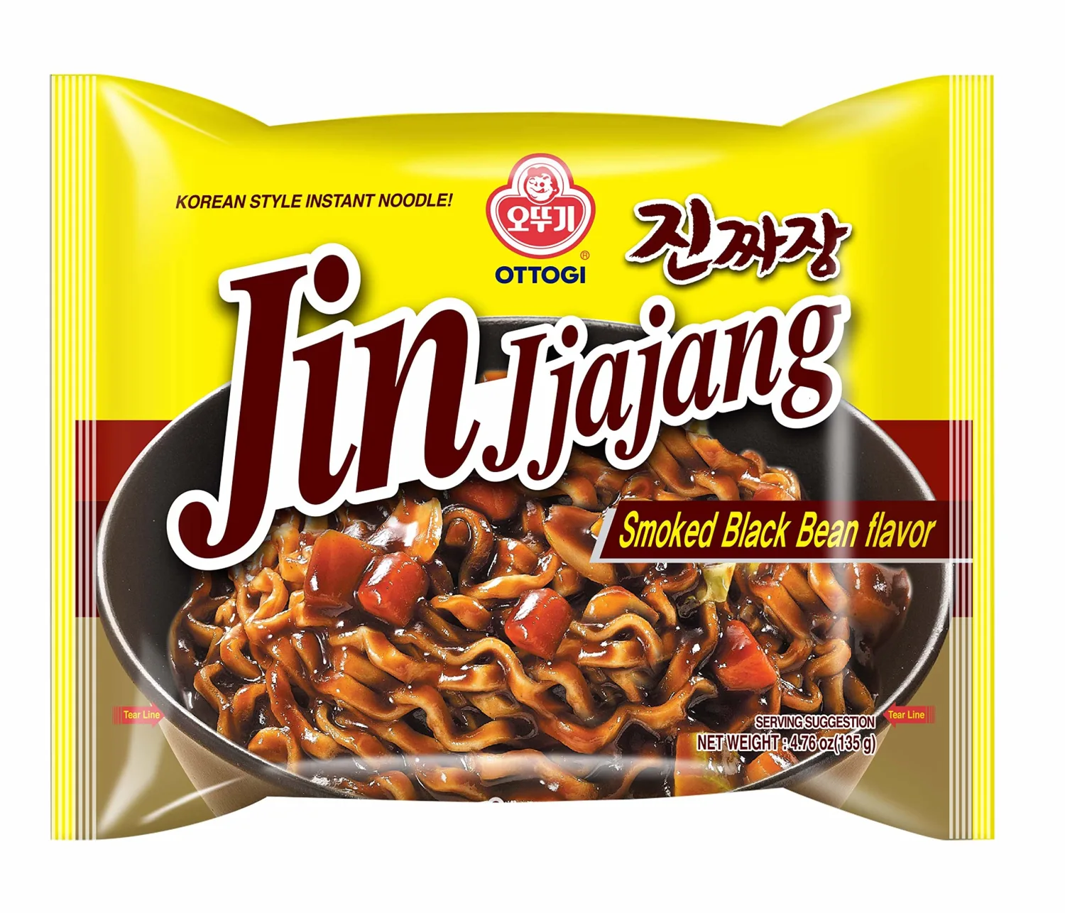 OTTOGI JIN Jjajang- Korean Style Instant Noodle - Black Bean Sauce Jjajang Ramen, Jjajangmyeon, 4.76oz 4 Pack