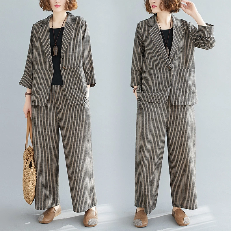 Fashion Casual Cotton And Linen Stripes Suit Top Wide Leg Pants Elegant Women's Suit