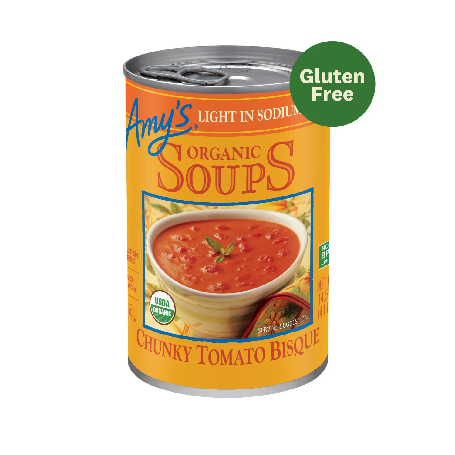 Amy’s Soup, Chunky Tomato Bisque Soup, Light in Sodium, Gluten Free, Made With Organic Tomatoes and Cream, Canned Soup, 14.5 Oz (6 Pack)