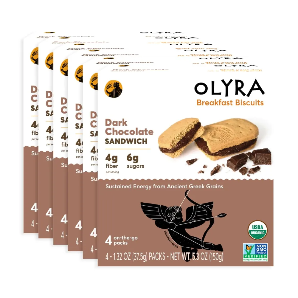 Olyra Breakfast Sandwich Dark Chocolate | Kids Healthy Snacks | Low Sugar, High Fiber, Plant-Based Vegan Breakfast Biscuits | Organic Breakfast Cookies with Ancient Greek Grains | Boost Energy and Immunity | 4 Count (Pack of 6)