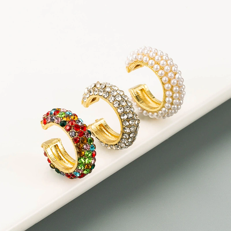 Fashion C Shape Earrings Alloy Set With Colorful Rhinestones