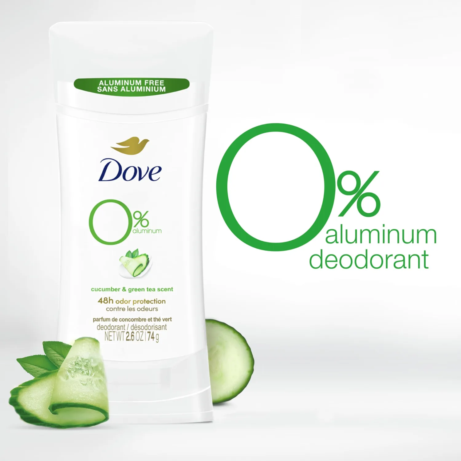 Dove 0% Aluminum Deodorant Stick Non irritating for Underarm Care Cucumber and Green Tea, 2.6 Oz