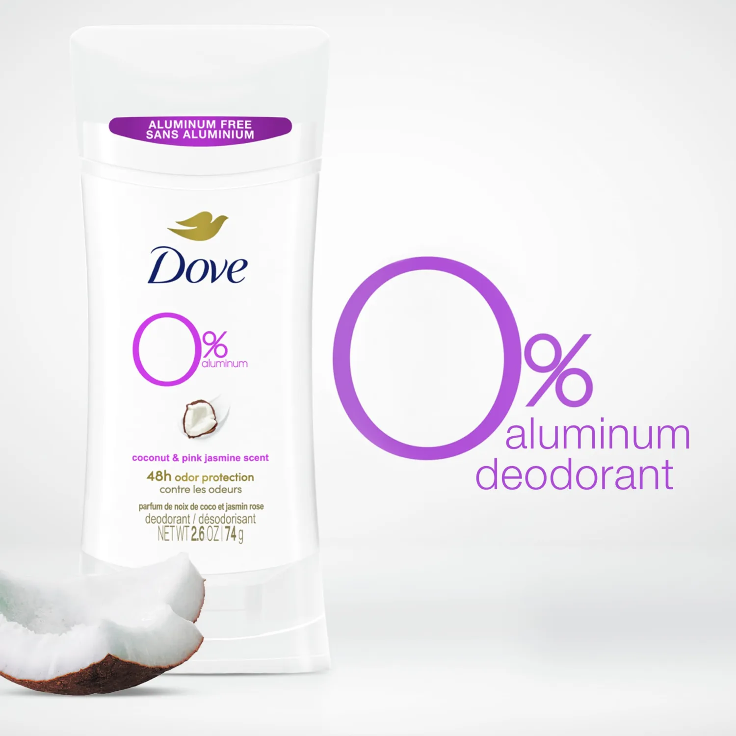 Dove 0% Aluminum Deodorant Stick Non-irritating Deodorant for Underarm Care Coconut and Pink Jasmine Kindest Aluminum Free Deodorant 2.6 oz