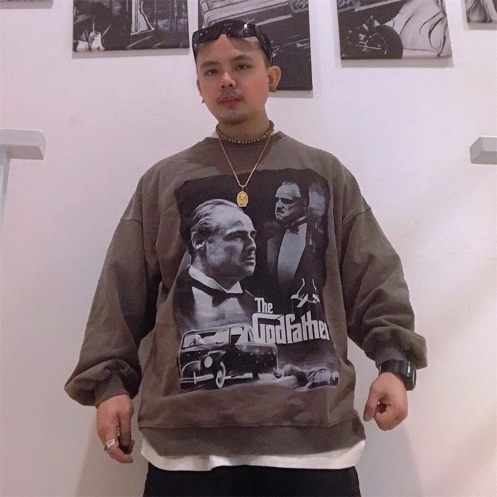 Character Print Washed Distressed Crewneck Sweatshirt Men's