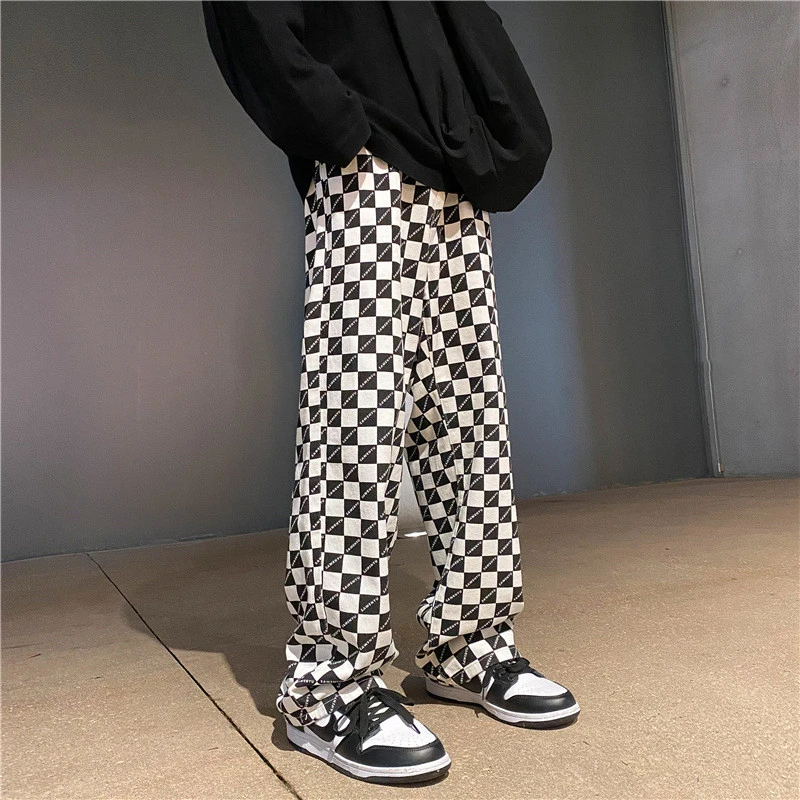 Black And White Checkerboard Print Casual Pants Men's