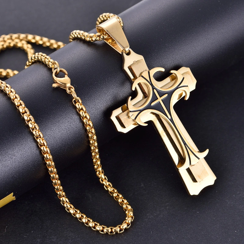 Men's Fashion Stainless Steel Triple Cross Necklace Pendant