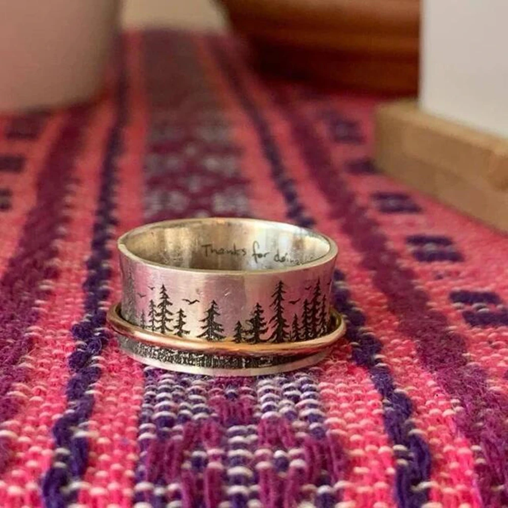 Engraved Forest Bird Turning Ring Two Tone