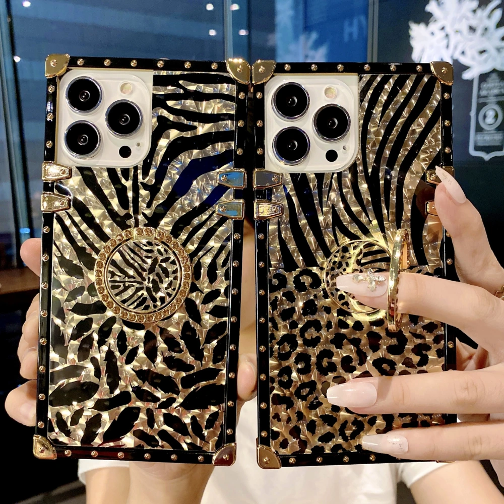 Square Fashion Leopard Print Classic Feather Phone Case