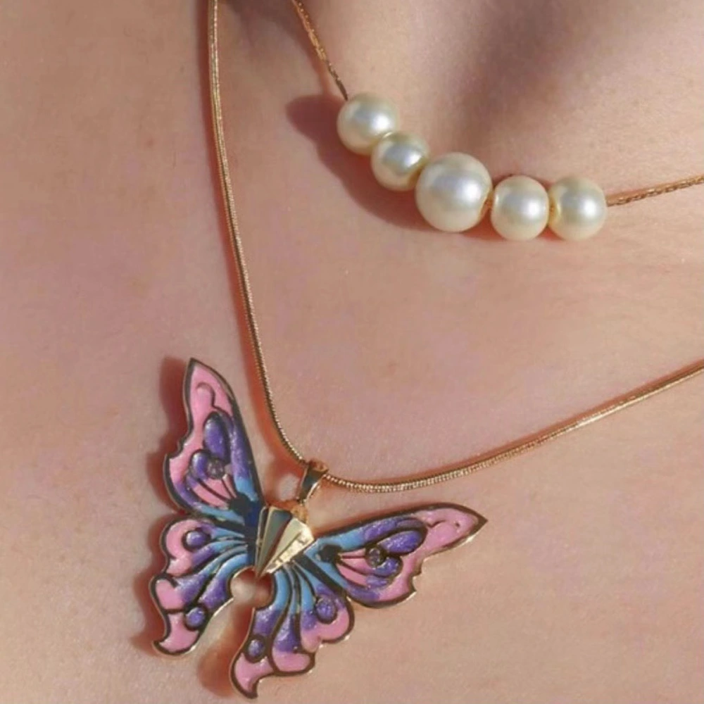 Children's Butterfly Necklace Pearl Double Strand