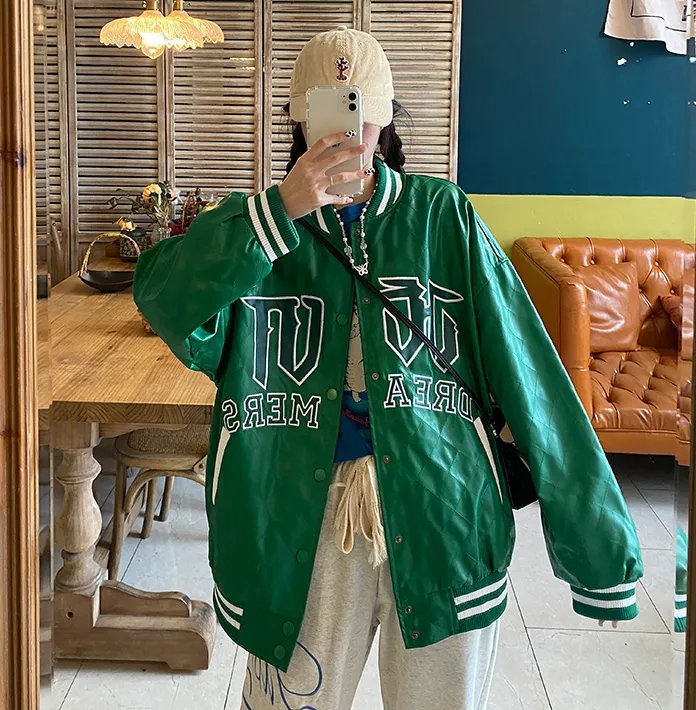 Women Lingge PU Leather Baseball Jacket