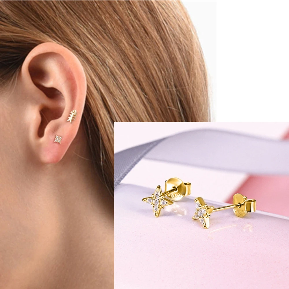 Sterling Silver Octagonal Star Diamond Stud Earrings Fashion Simple