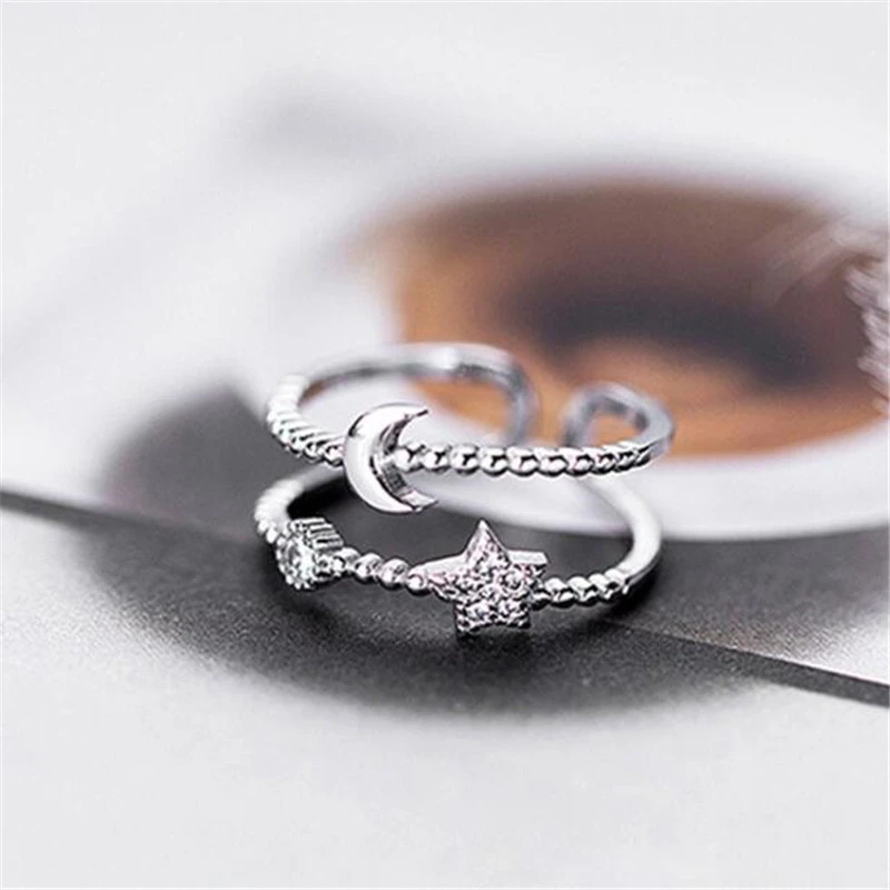 S925 Silver Women's Diamond Double Star Moon Ring