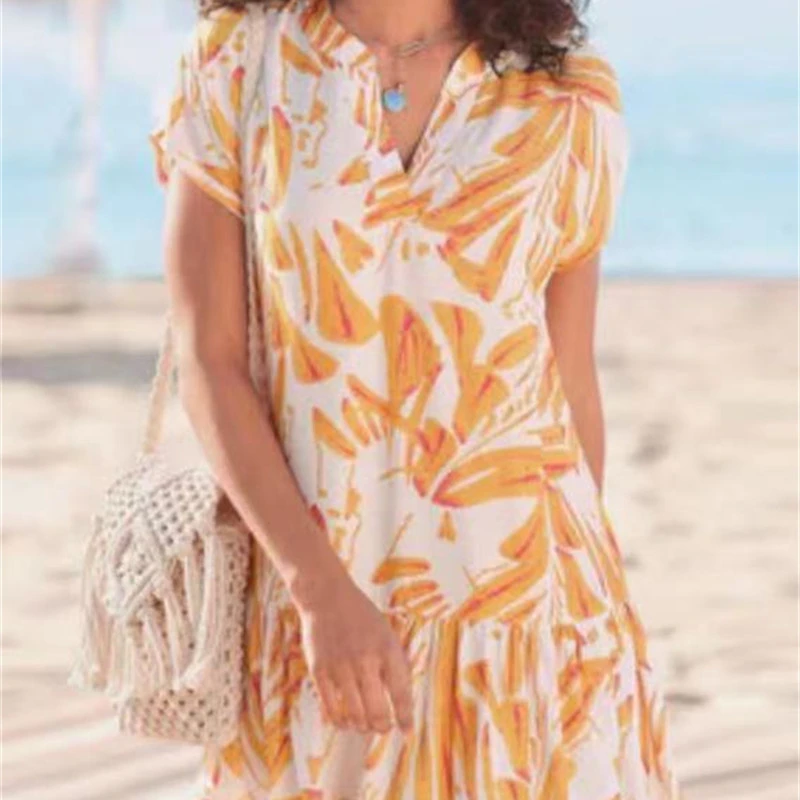 Women's New Short Sleeve Printed Ruffle Loose Dress
