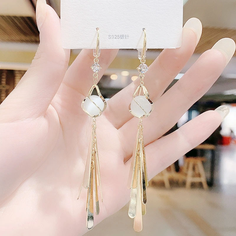 Opal Long Metal Sequin Tassel Drop Earrings