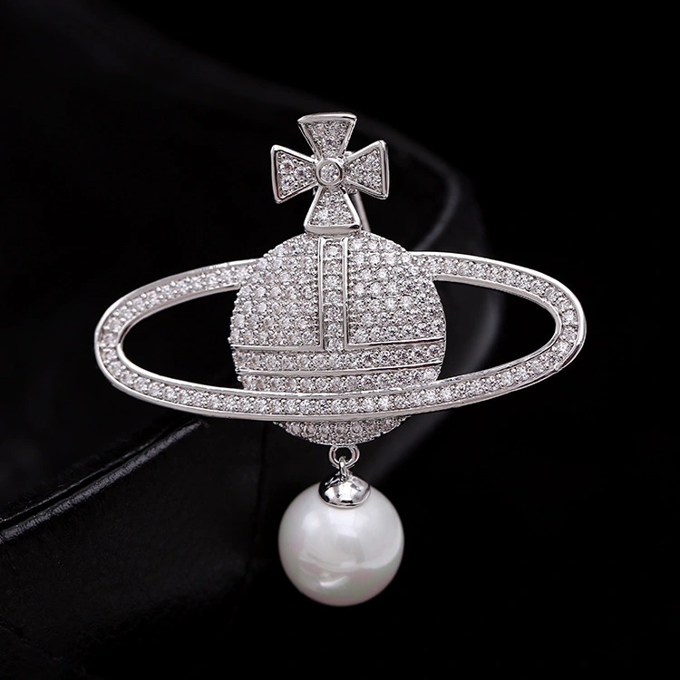 Inlaid Zircon Pearl Globe Brooch Female Planet Pin