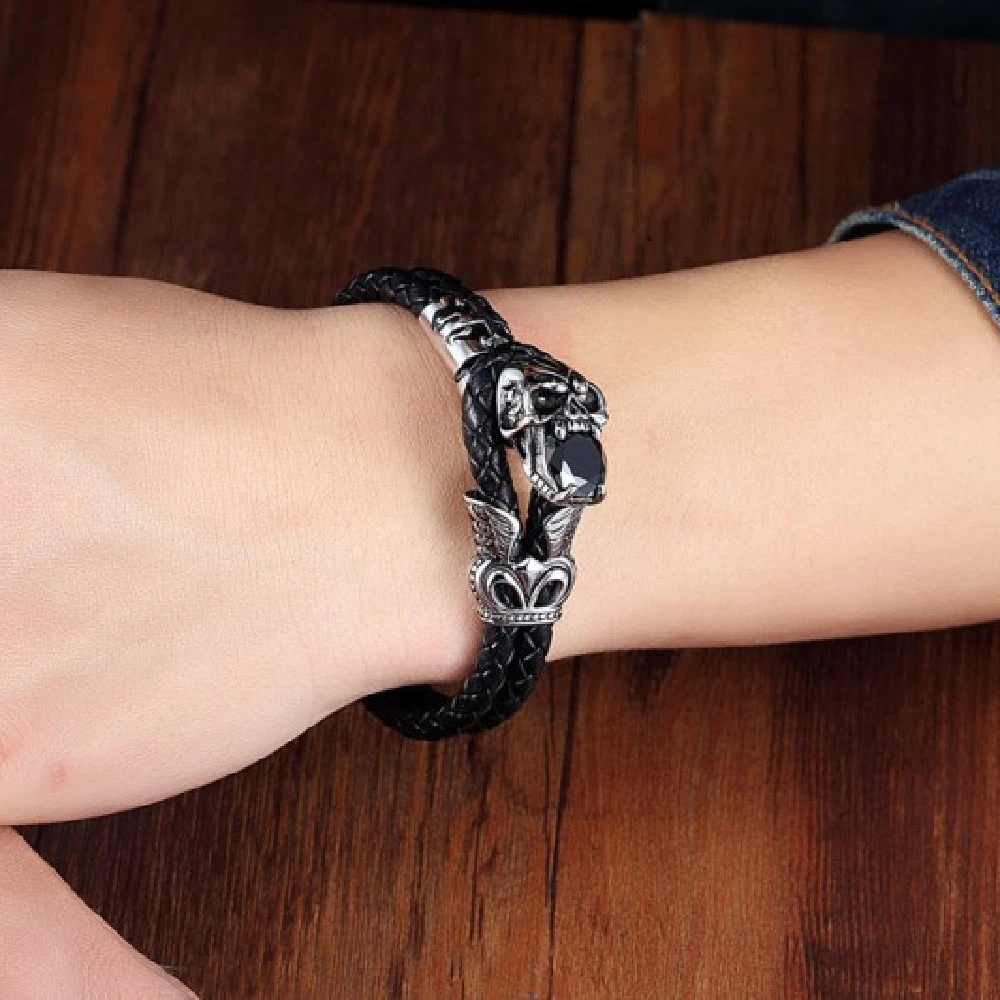 Men's Leather Bracelet Braided Rope Skull