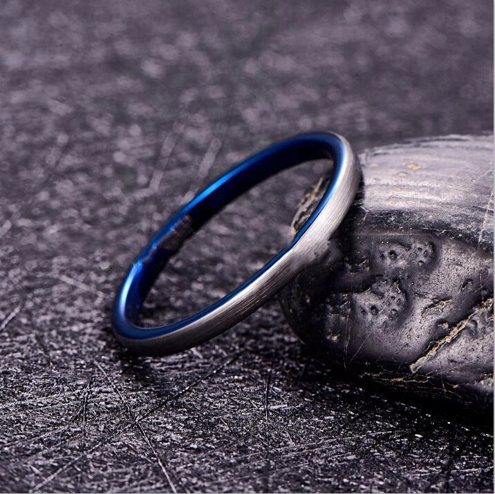 2mm Wide Surface Brushed Inner Ring Electroplated Blue Tungsten Steel Ring