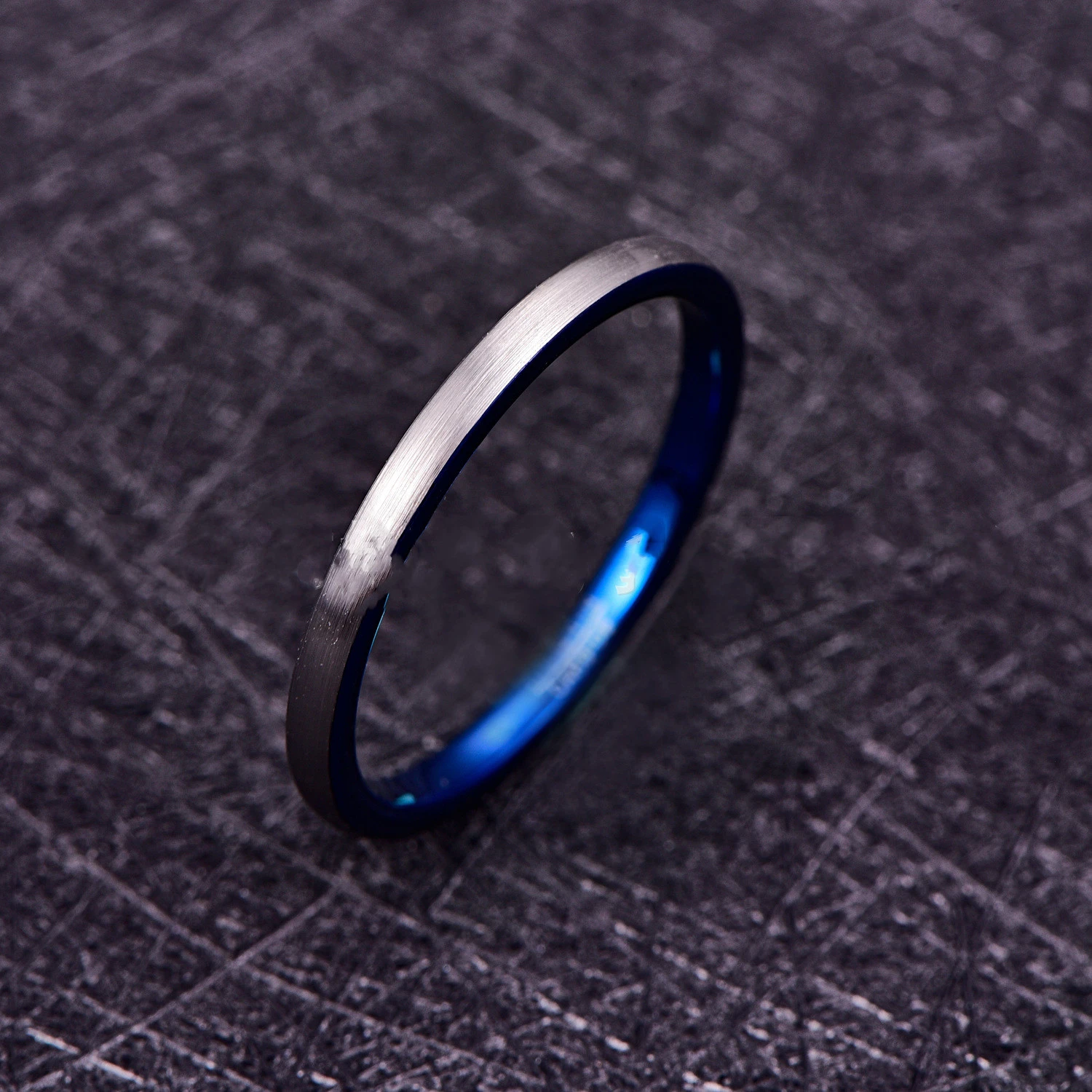 2mm Wide Surface Brushed Inner Ring Electroplated Blue Tungsten Steel Ring