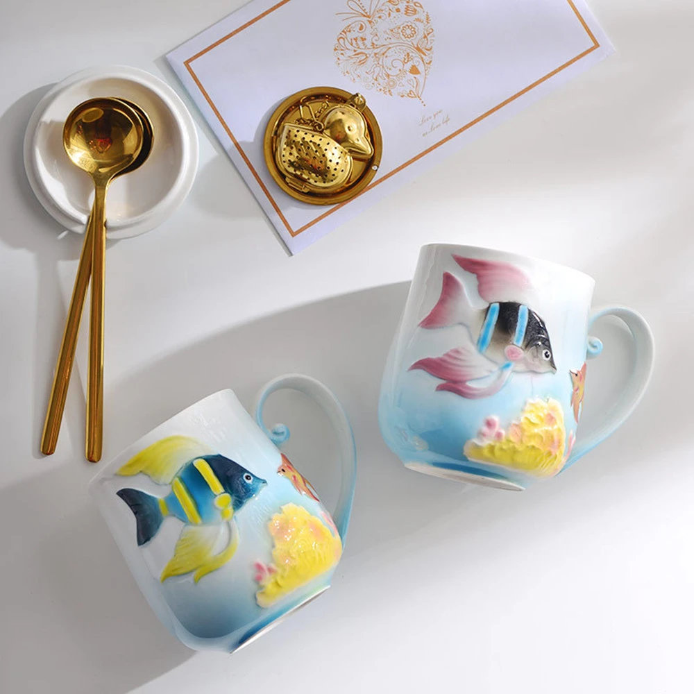 Creative Animal Cute Fish Enamel Porcelain Lid Mug