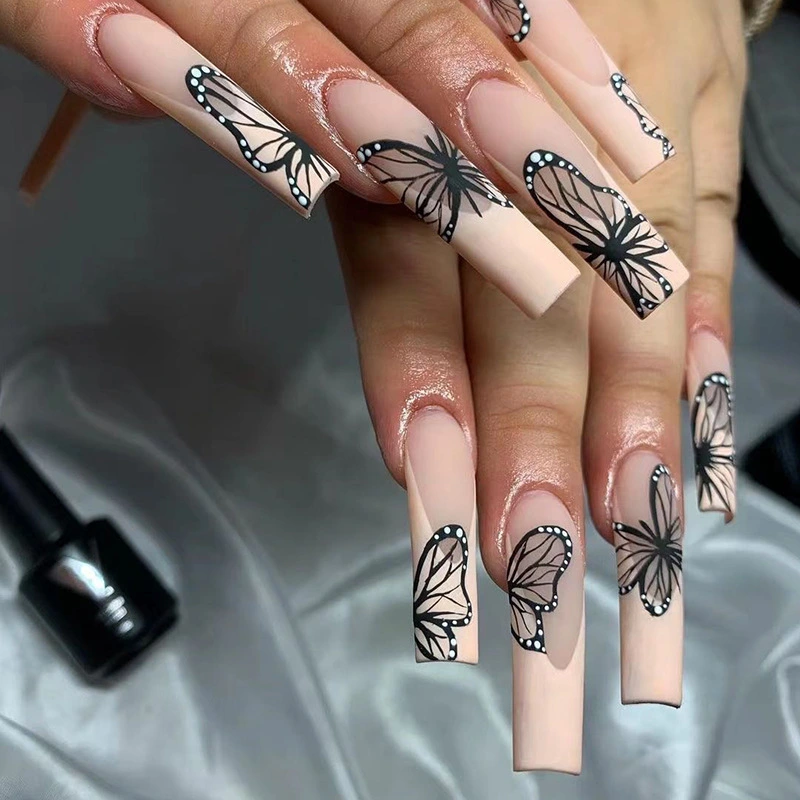 Nude Long Ballet Black Butterfly Wearable Manicure