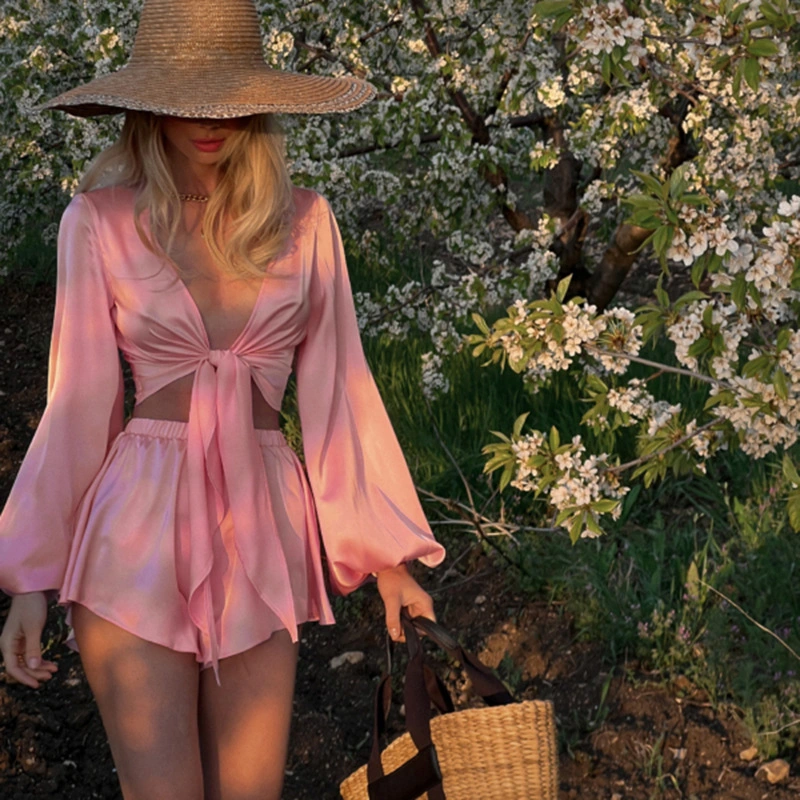 New Women's Long-sleeved Lace-up Top Shorts Suit