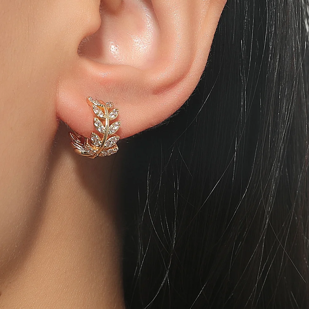 Micro Encrusted Zircon Leaf Cutout Stud Earrings