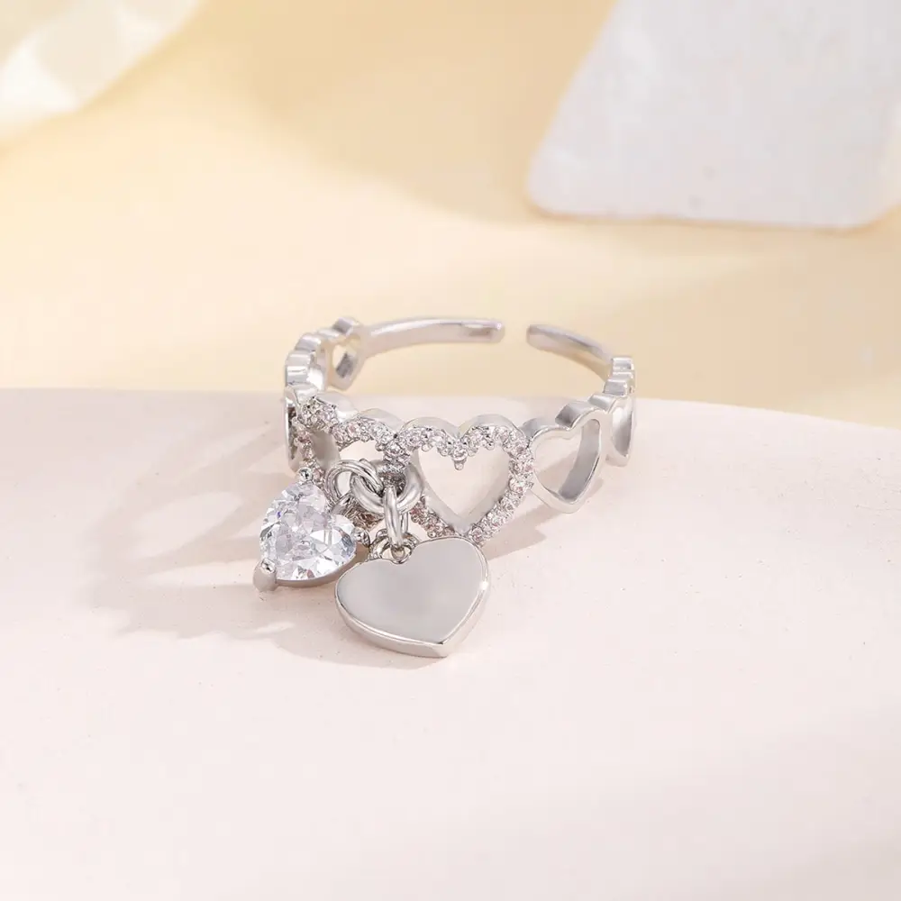 Openwork Microset Silver Heart Ring Adjustable