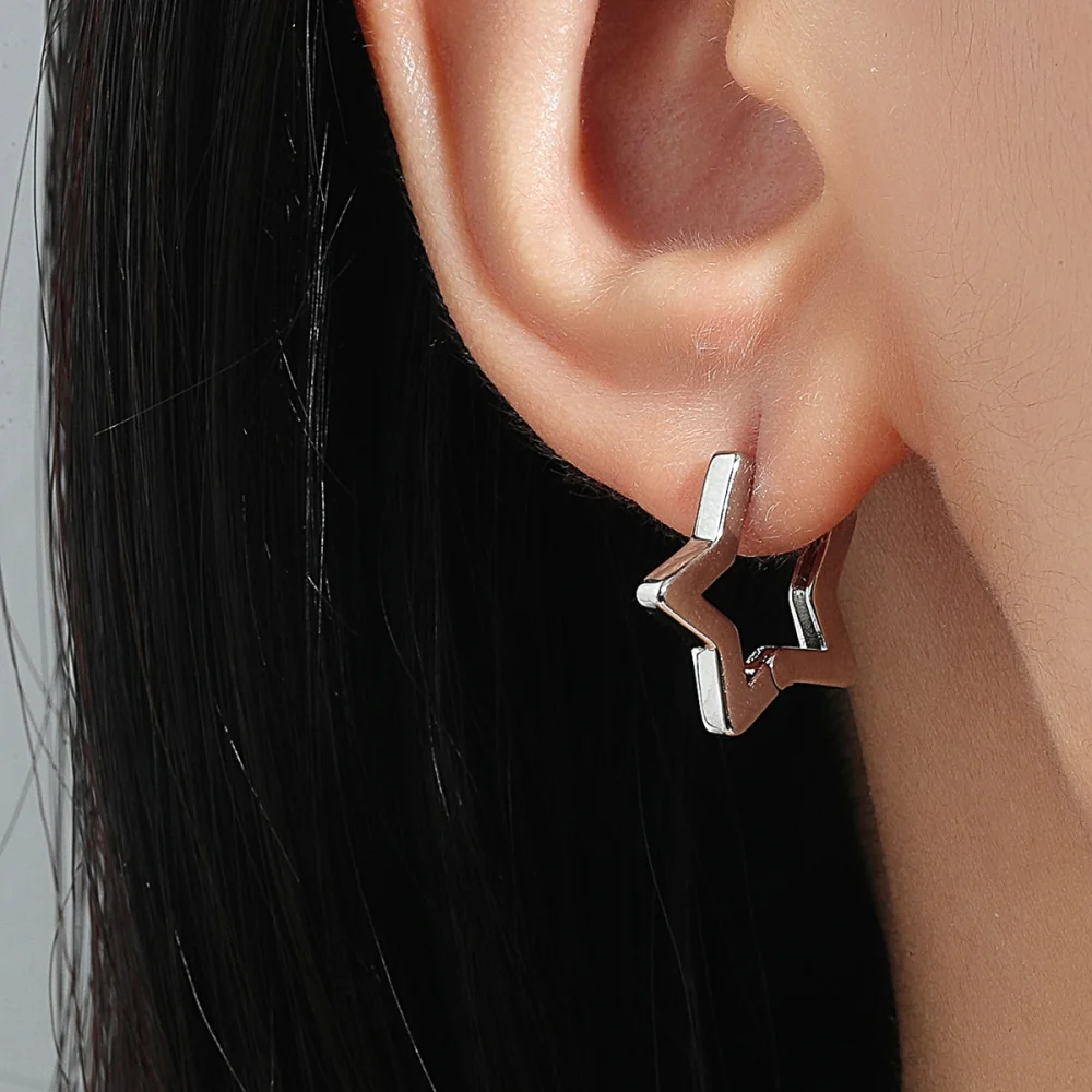 Simple Silver Openwork Pentagram Earrings