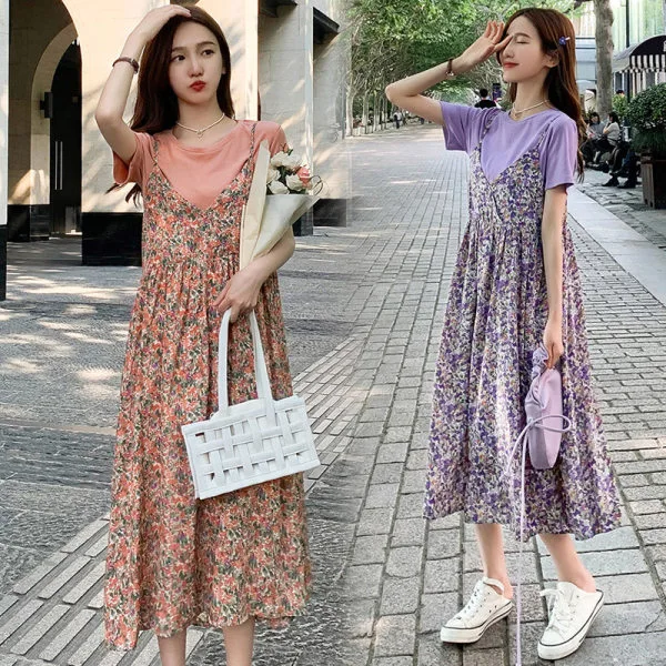 Women's Loose Stitching Fake Two Piece Floral Dress For Pregnant Women
