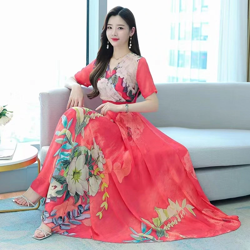 Women's Clothing Positioning Flower Fashion Temperament Waist-reducing Short-sleeved Dress