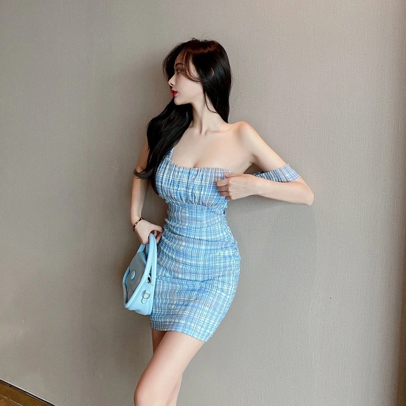 Women's New One Shoulder Halterneck Lace Slim Plaid Dress
