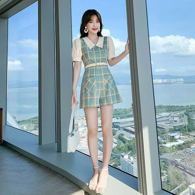 Women's French Vintage Check Thin Jumpsuit