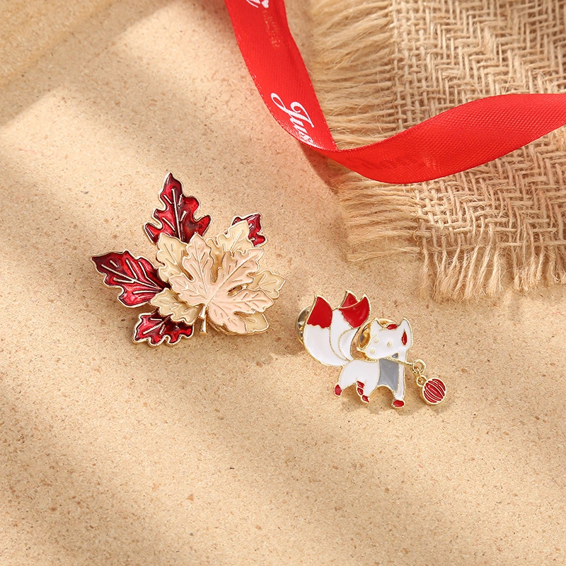 New Chinese Style Red Maple Leaf Brooch Cartoon Lady