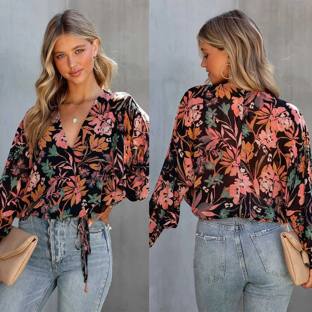 Women's Fashion Printed V-Neck Long Sleeve Loose Casual Shirt