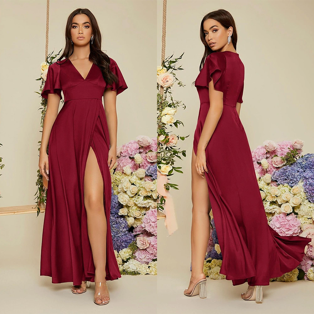 Fashion Solid Color V-Neck Short Sleeve High Waist Slit Irregular Dress