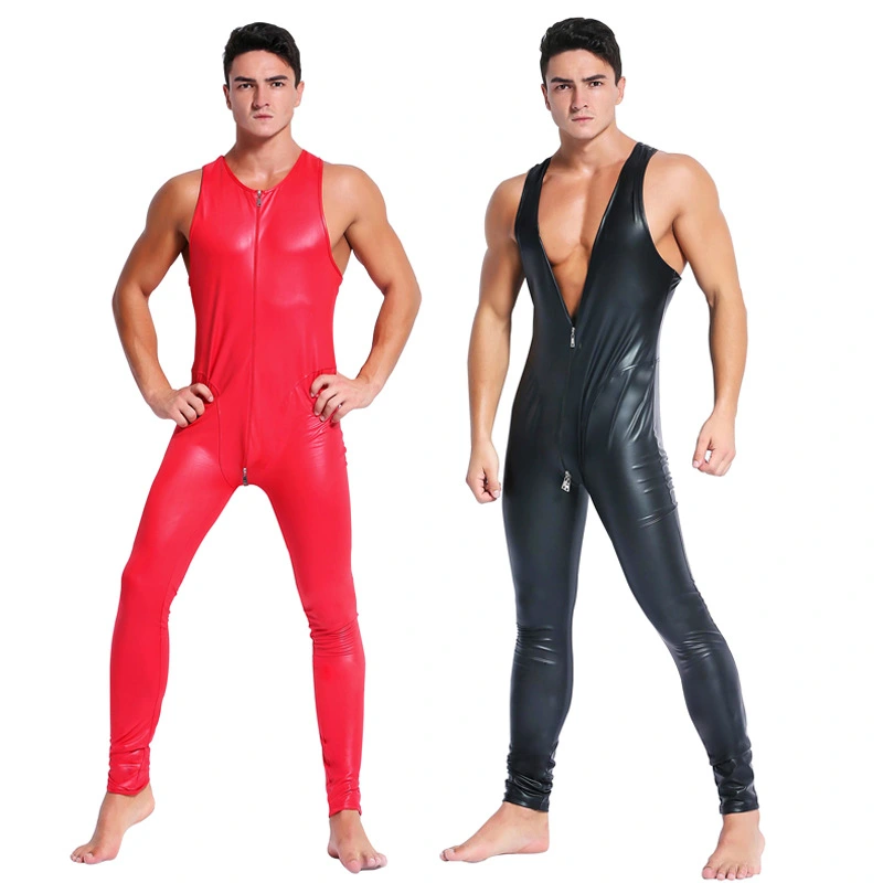 Men's Erotic Lingerie Nightclub Performance Patent Leather Jumpsuit